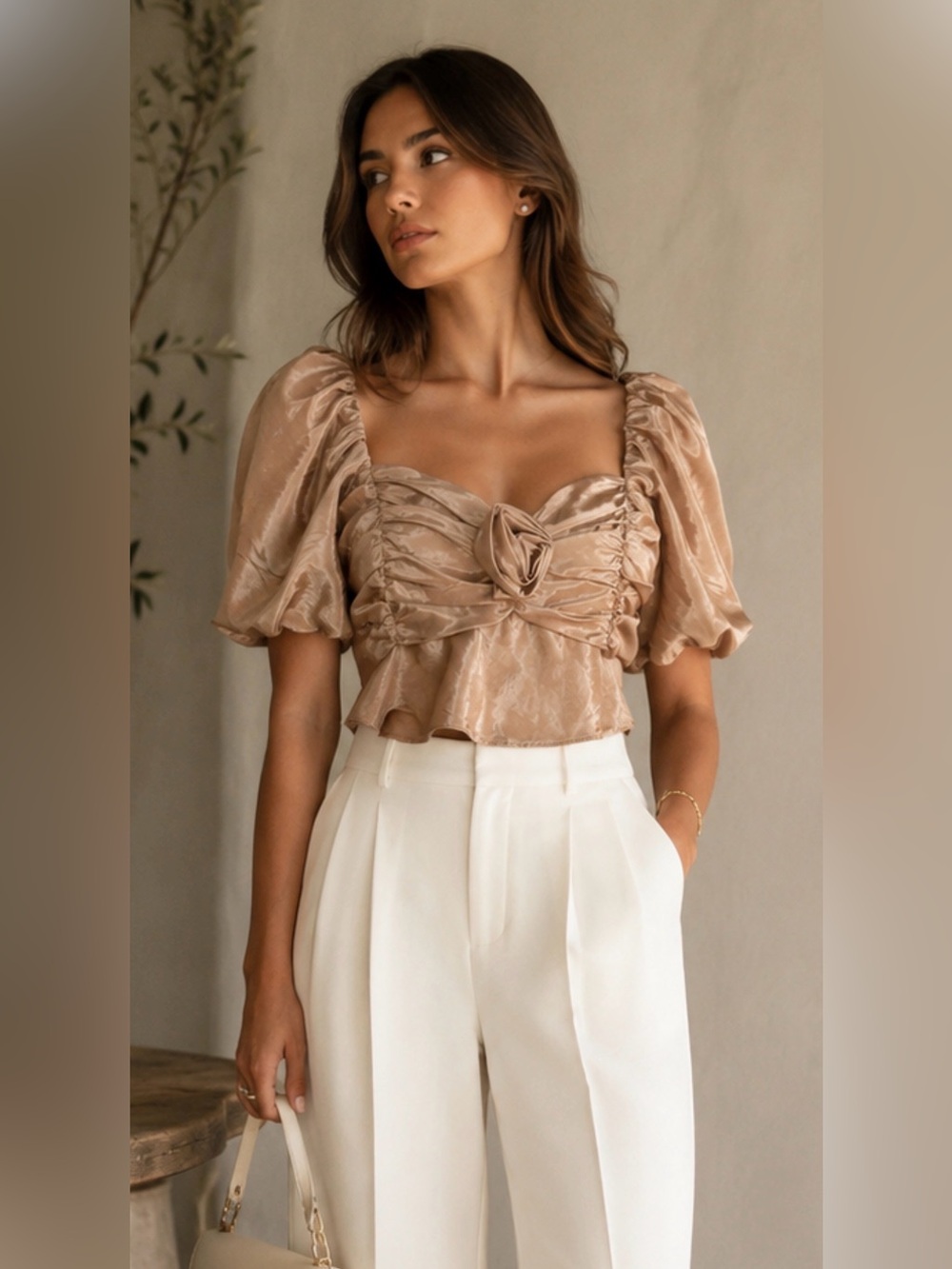 ALTAR’D STATE tan bronze fabric with floral trim puffer sleeves peplum cut